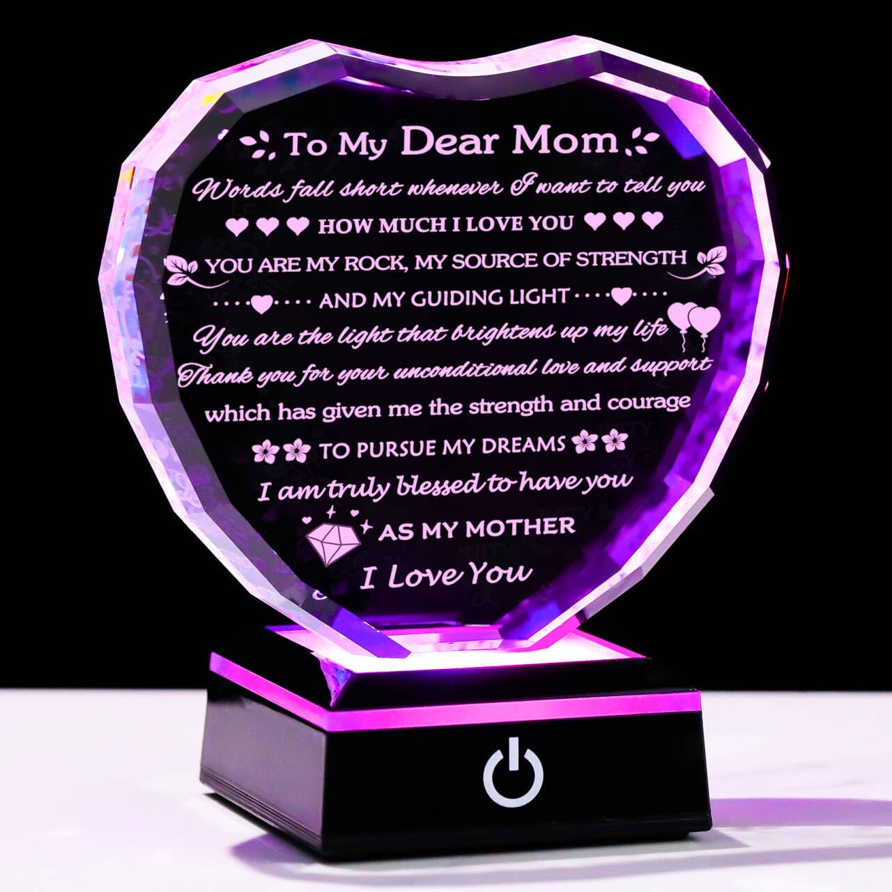 Arikyrist Gifts for Mom with Colorful LED Base Moms Birthday Gifts from Daughter Son to My Mom Gift Crystal Heart Keepsake Best Mother Presents Idea