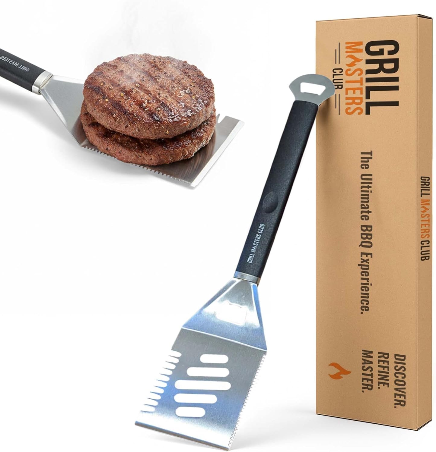 Grill Masters Club 4-in-1 BBQ Spatula | Multifunctional Stainless Steel Grill Spatula with Polypropylene Handle, Serrated Edges, Bottle Opener | Perfect for BBQ grills, kebabs for Camping & Picnics