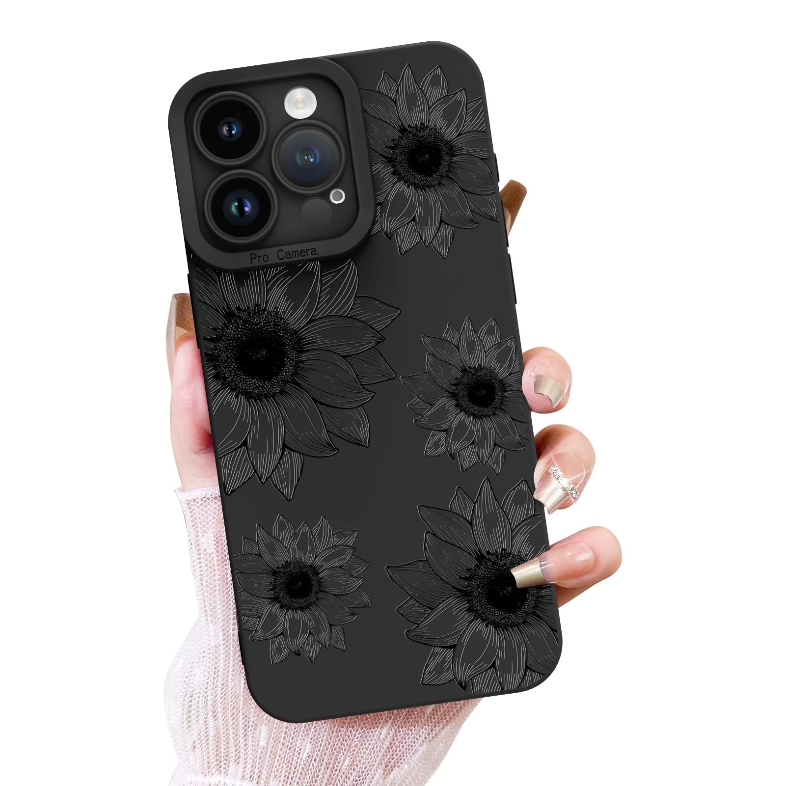 ook floral case for iphone 15 pro max case, cute sunflower floral blooms design soft tpu shockproof protective for women girls slim phone case - black flower