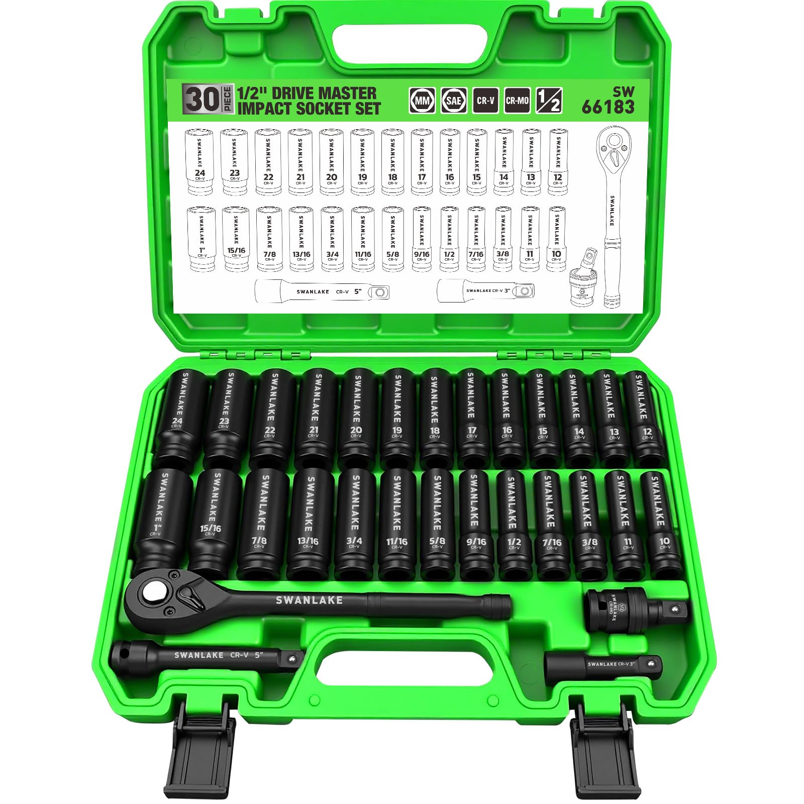 30-Piece 1/2" Drive Impact Socket Set, Standard SAE (3/8-1 inch) and Metric (10-24mm) 6 P…