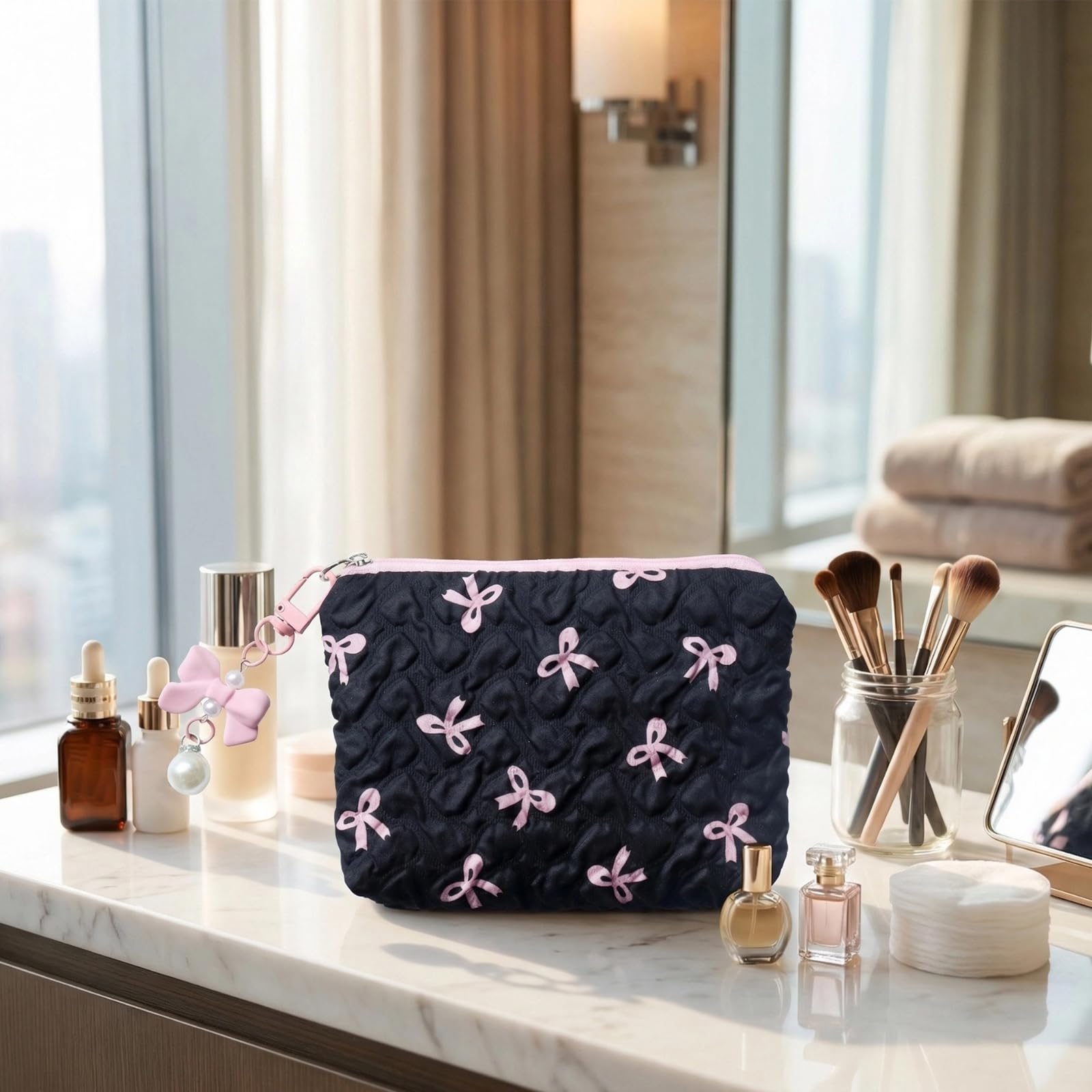 Set di 2 trousse per trucchi piccoli, con eleganti fiocchi, mini borsa per trucco, borsa per trucco, borsa per trucco, borsa per cosmetici, borsa da toilette da donna, 14 x 10 cm