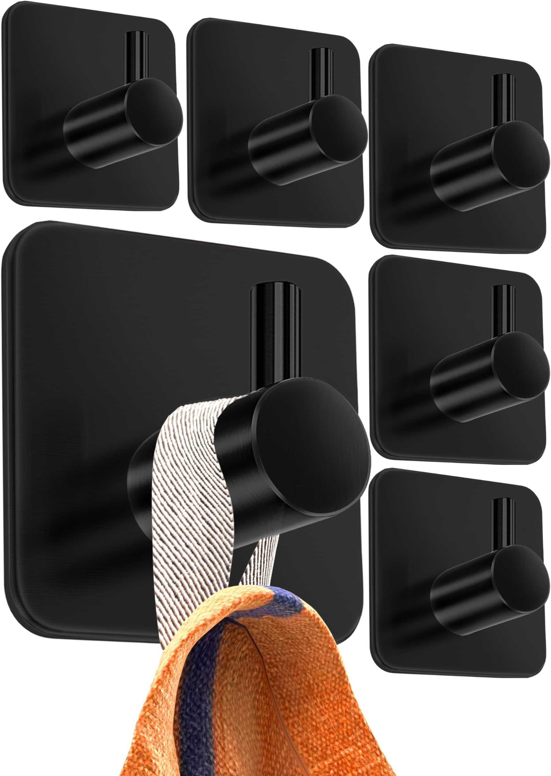 4smile 6 Piece Wall Mounted Adhesive Hook Bathroom Towel Holder Kitchen Towel Hook Self-Adhesive Coat Rack Stainless Steel Black