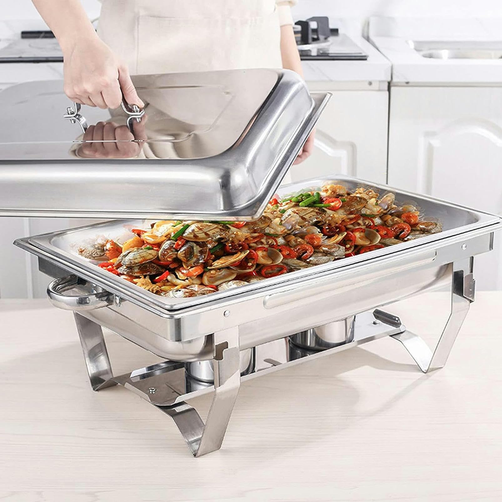 Juego de buffet de acero inoxidable Chafing Dish, 11L Servidores de buffet Chafing de tamaño completo Calentador de alimentos con bandeja de comida, soportes de combustible y tapa para cualquier event