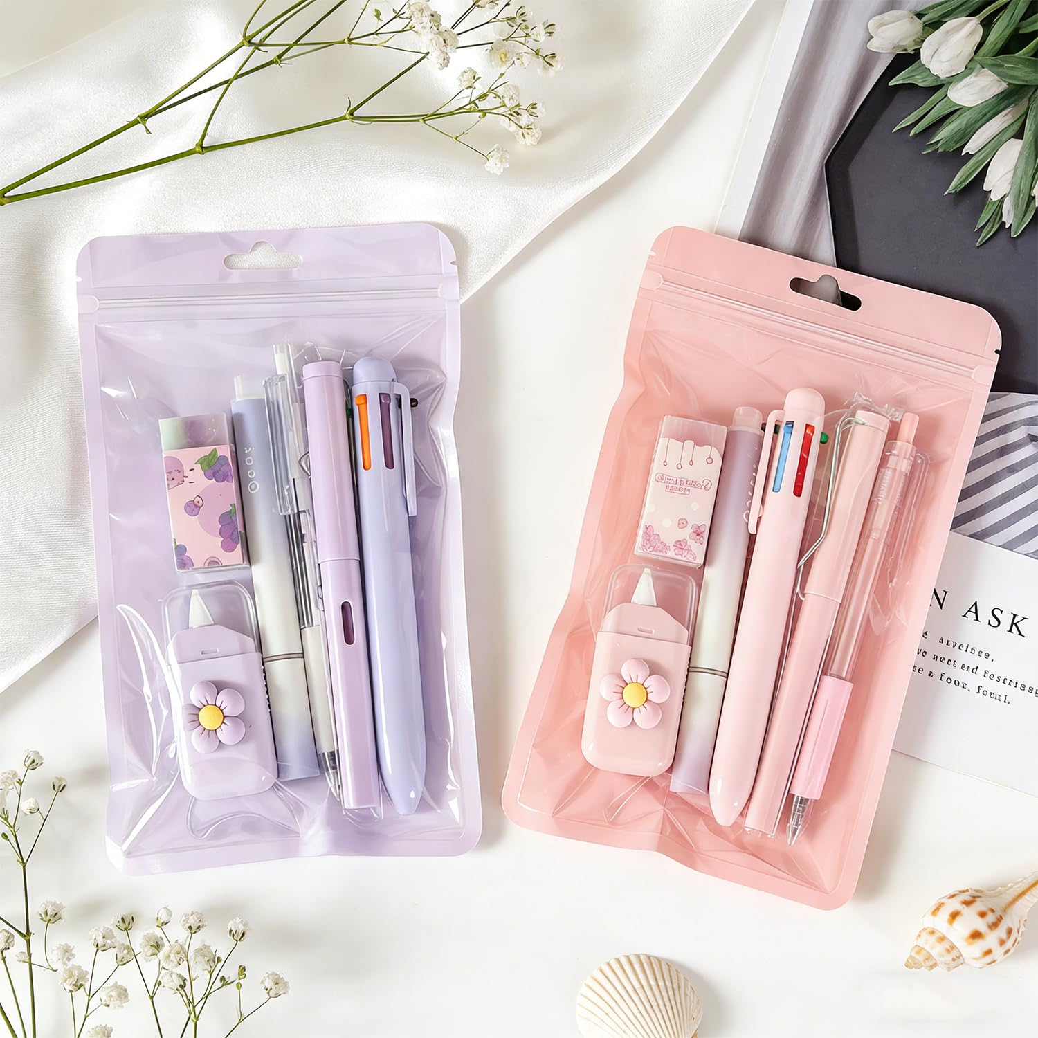 Set di 6 articoli di cancelleria viola per donne - Mini forniture kawaii per ufficio e scuola con penna a sfera, penna gel, evidenziatore, matita eterna, correttore a nastro, gomma