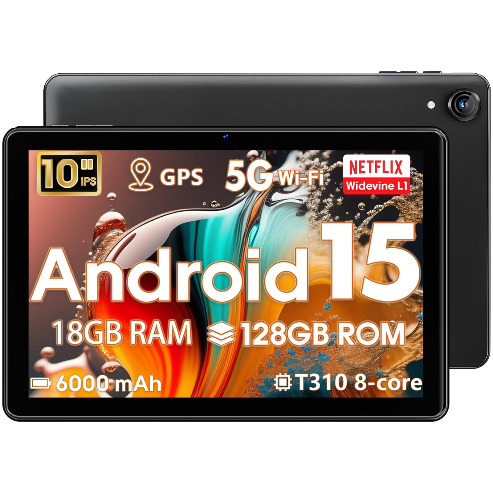 Tablet Android 15,10 pulgadas Tabletas, 18GB+128GB, 1TB Expand, Widevine L1 Compatible Octa-Core Tablet con WiFi 5, BT5.2, 6000mAh, CPU T310, GPS, alto rendimiento, procesador, cámara dual