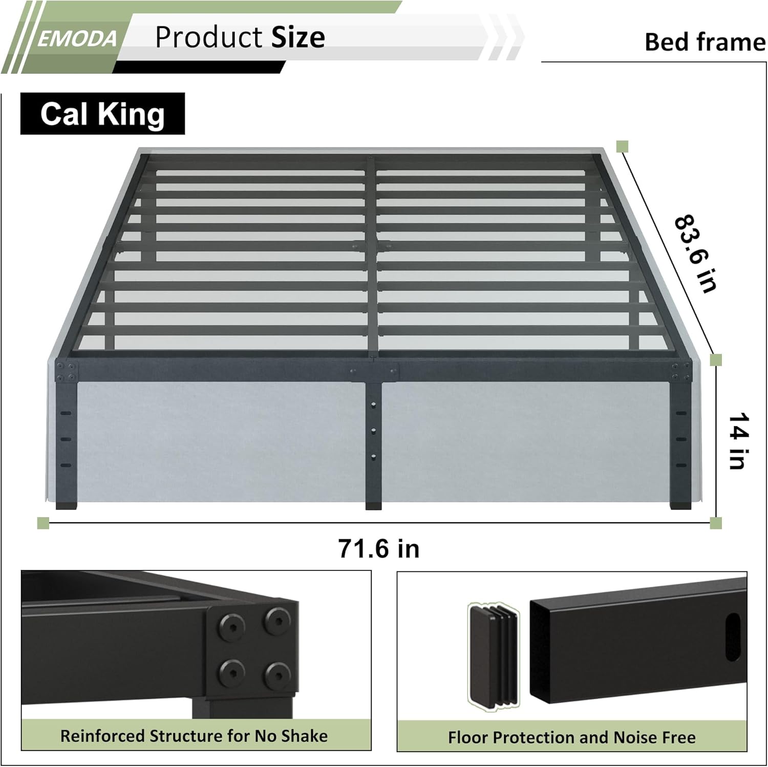 EMODA 14 Inch California King Bed Frames with Cover, Heavy Duty Metal Cal King Platform Bed Frame No Box Spring Needed, Noise Free California King 14 inch with Cover