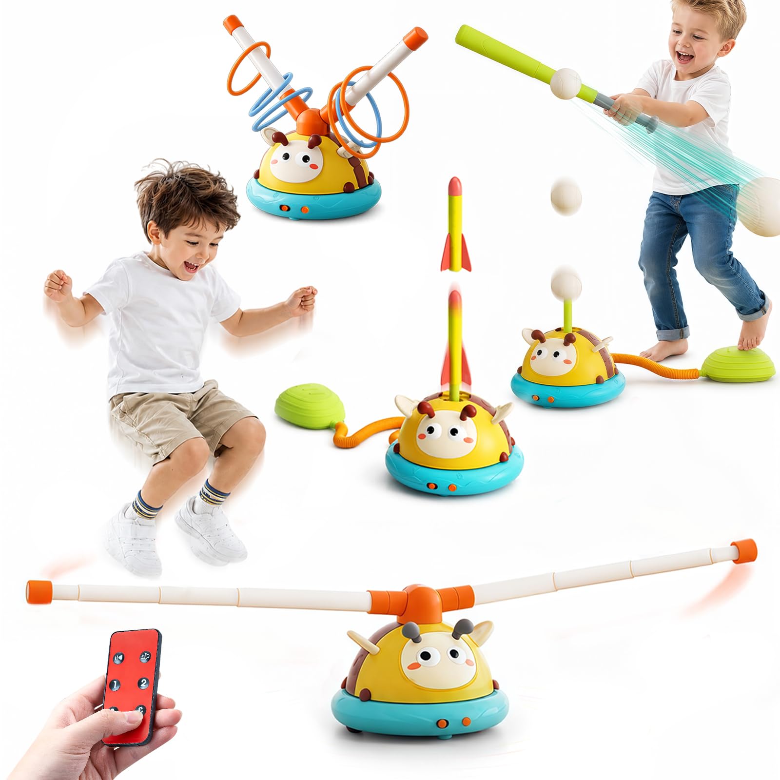 4 en 1 Jeux Exterieur Enfant Ouet Fusée, Corde À Sauter, Lancer D’Anneaux, Base-Ball, Jouet Exterieur Enfant avec Télécommande Jeux Extérieurs Enfants Cadeaux Garçons Filles 3 4 5 6 7 8 9 10 Ans