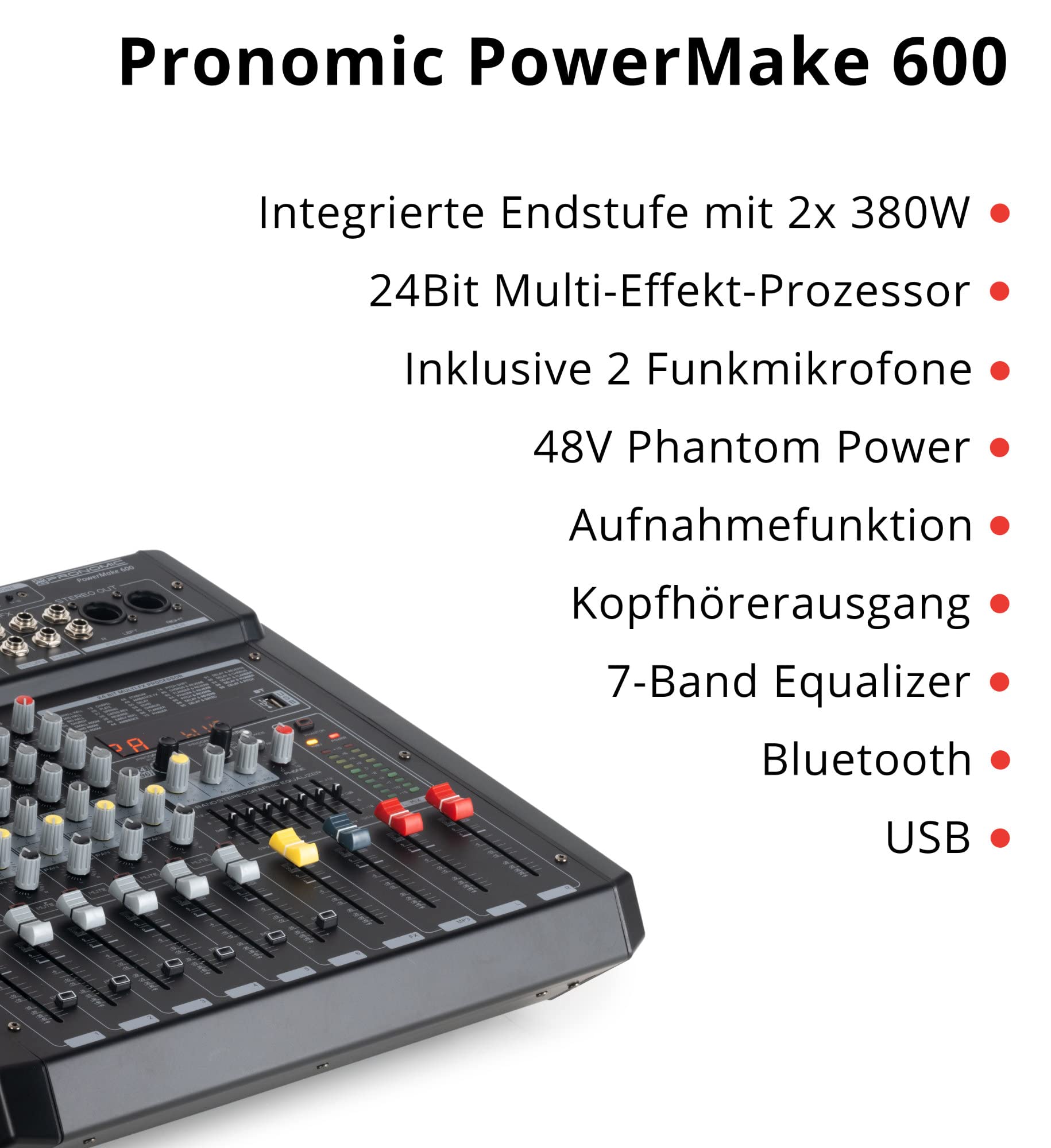 Pronomic Powermake 600 Powermischer - 6-Kanal-Mischpult - 2 UHF-Funkmikrofone - 760 Watt RMS-Leistung - 24Bit Multi-Effekt-Prozessor - Bluetooth®/USB-Player/Recorder - Grafischer Equalizer - Schwarz