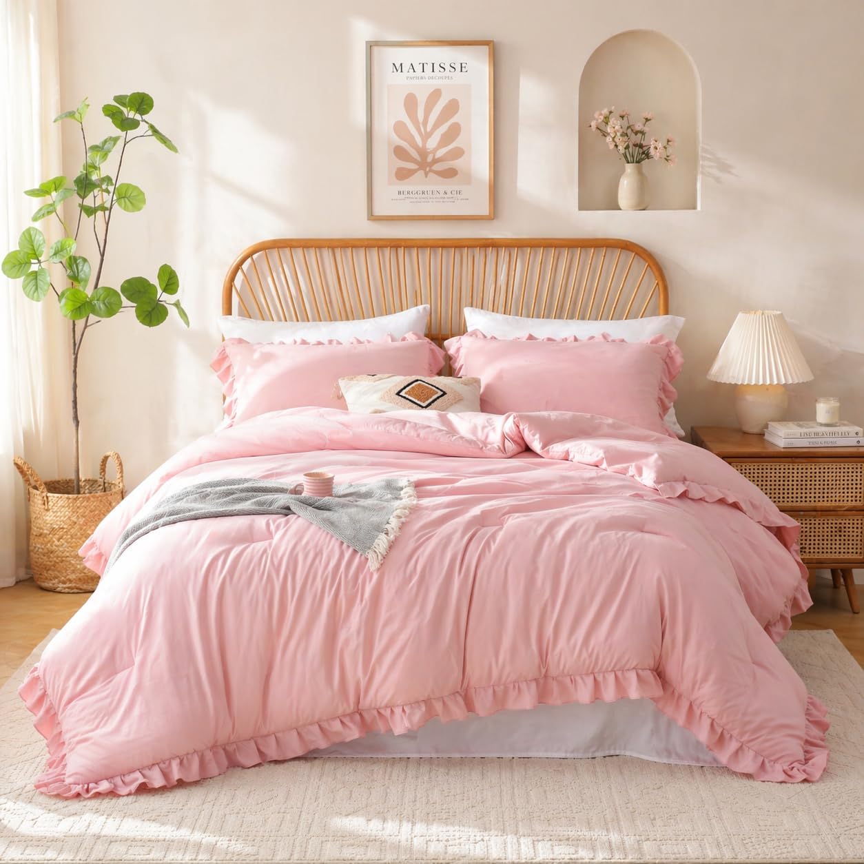 JANZAA Baby Pink Comforter Set Oversized King, Ruffle Soft Bedding