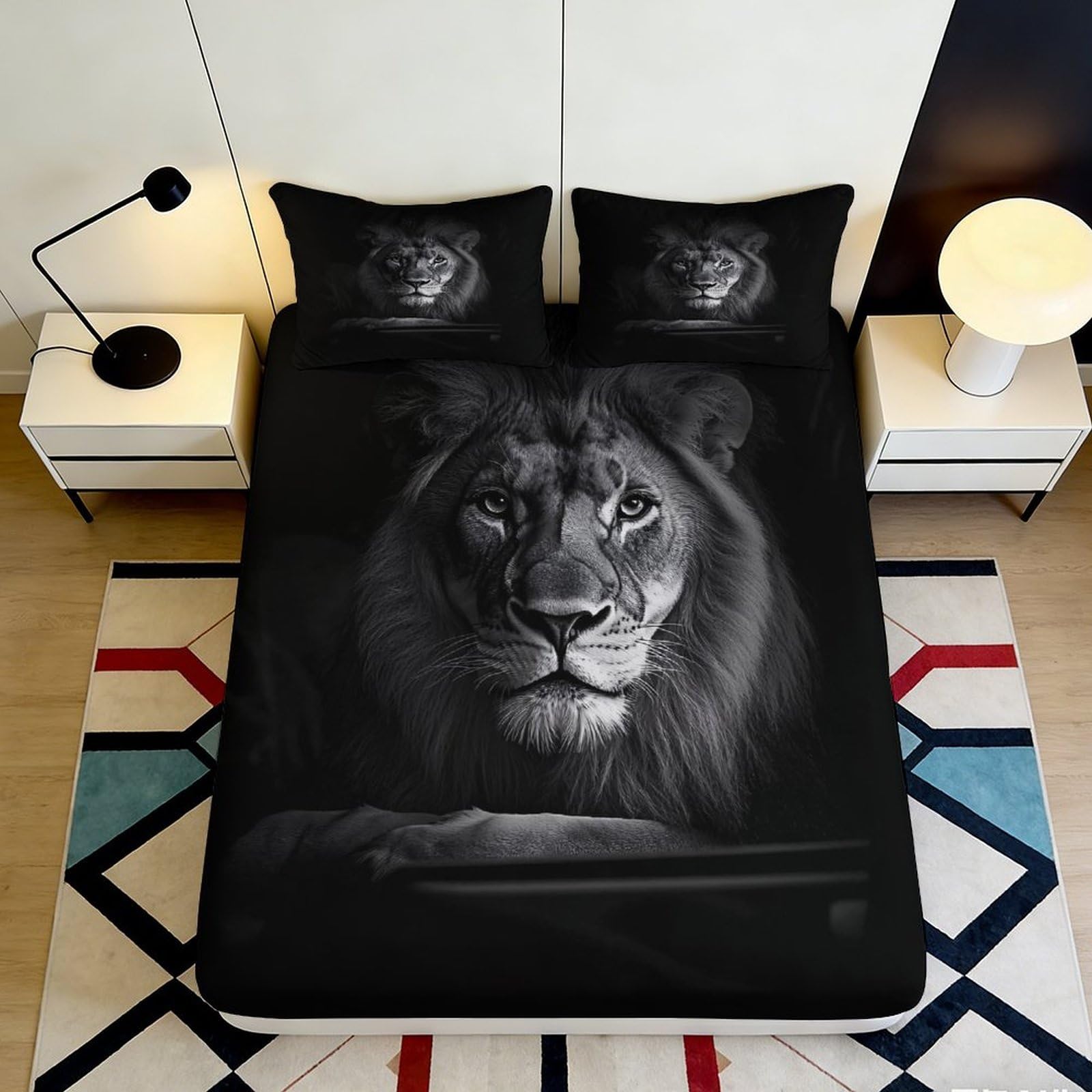 3D Printed Black Lion Portrait Fitted Sheet Microfiber Mattress Cover for Bedroom Dorm Bed Protector Decor 120x200cm 120x200x25cm