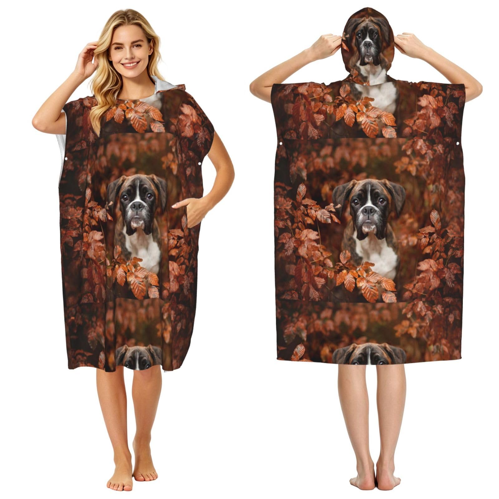 Poadnly Boxer Dogs Autumn, Adult Hooded Beach Towel 90 x 110 cm,Changing Bath Robe, Surf Poncho Towel For Women Men