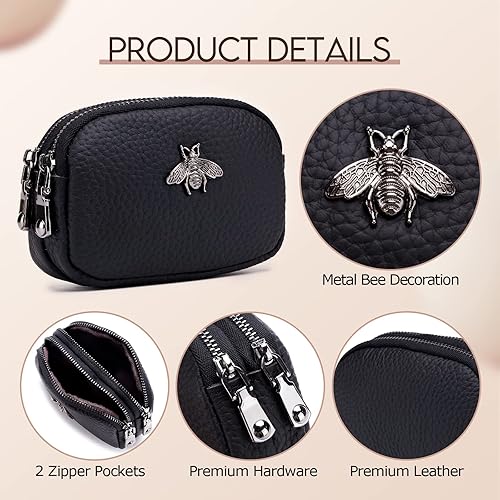 Miniatura 5 de imeetu Monedero de cuero para mujer, pequeña cartera con 2 bolsillos con cierre de cremallera