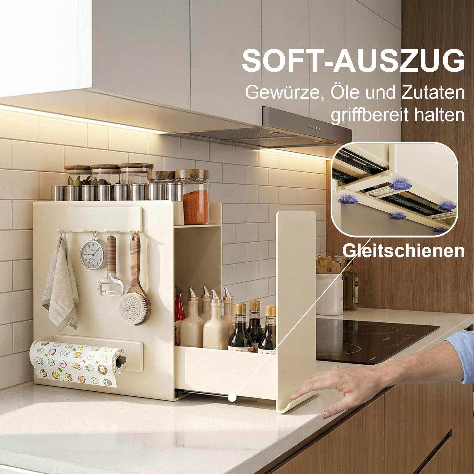 Gewürzregal Ausziehbar, 2 Etagen Gewürzregal mit Schublade ohne Bohren, Gewürz Organizer Küche für Arbeitsplatte und Schrank, Ölflaschen Organizer mit Küchenrollenhalter und 4 Haken