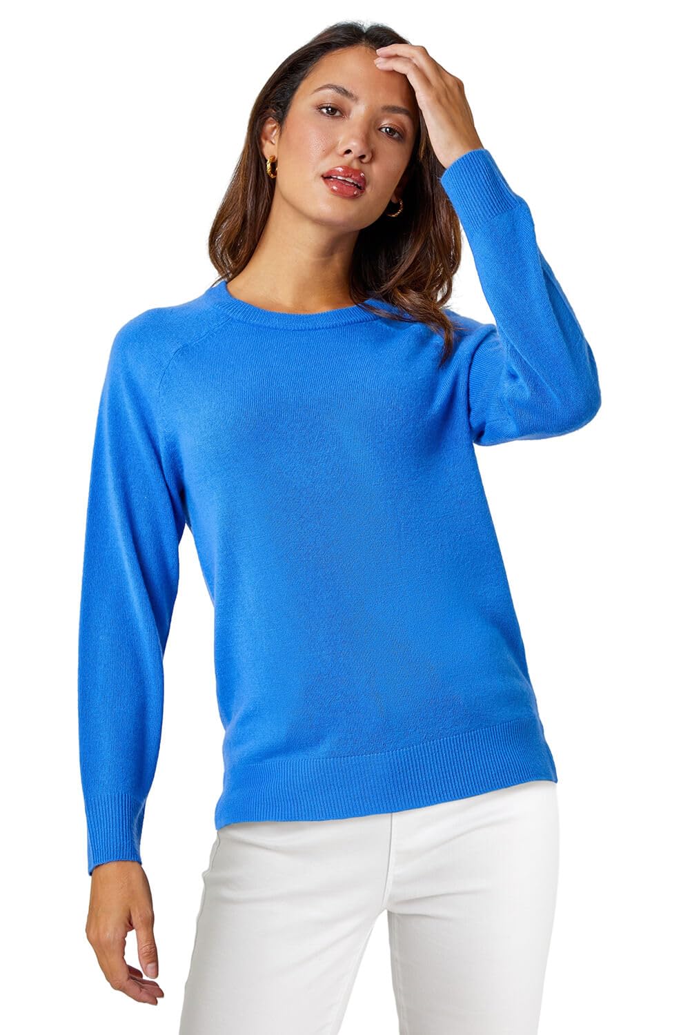 Roman Originals Women's Blue Soft Jumper For Uk Winter Autumn Sweater Knit Knitwear Round Crew Neck Top Plain Lightweight Comfy Long Sleeve Split Hem Everyday Daywear - Size 18