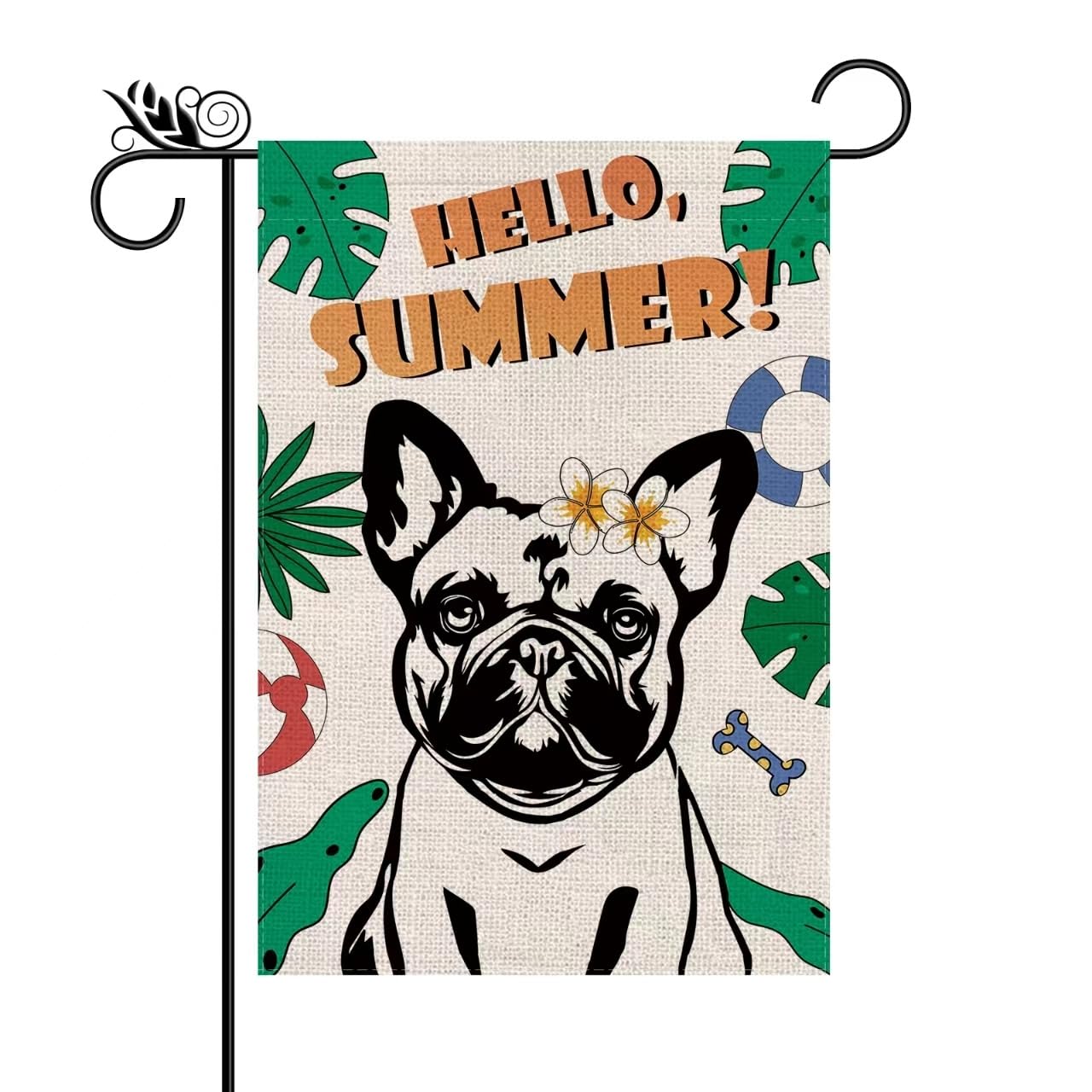 Hello Summer Garden Flag French Bulldog Vertical Double Sided Dog Tropical Flowers Plumeria Seasonal Farmhouse Yard Outdoor Decorations 12.5 x 18 Inch