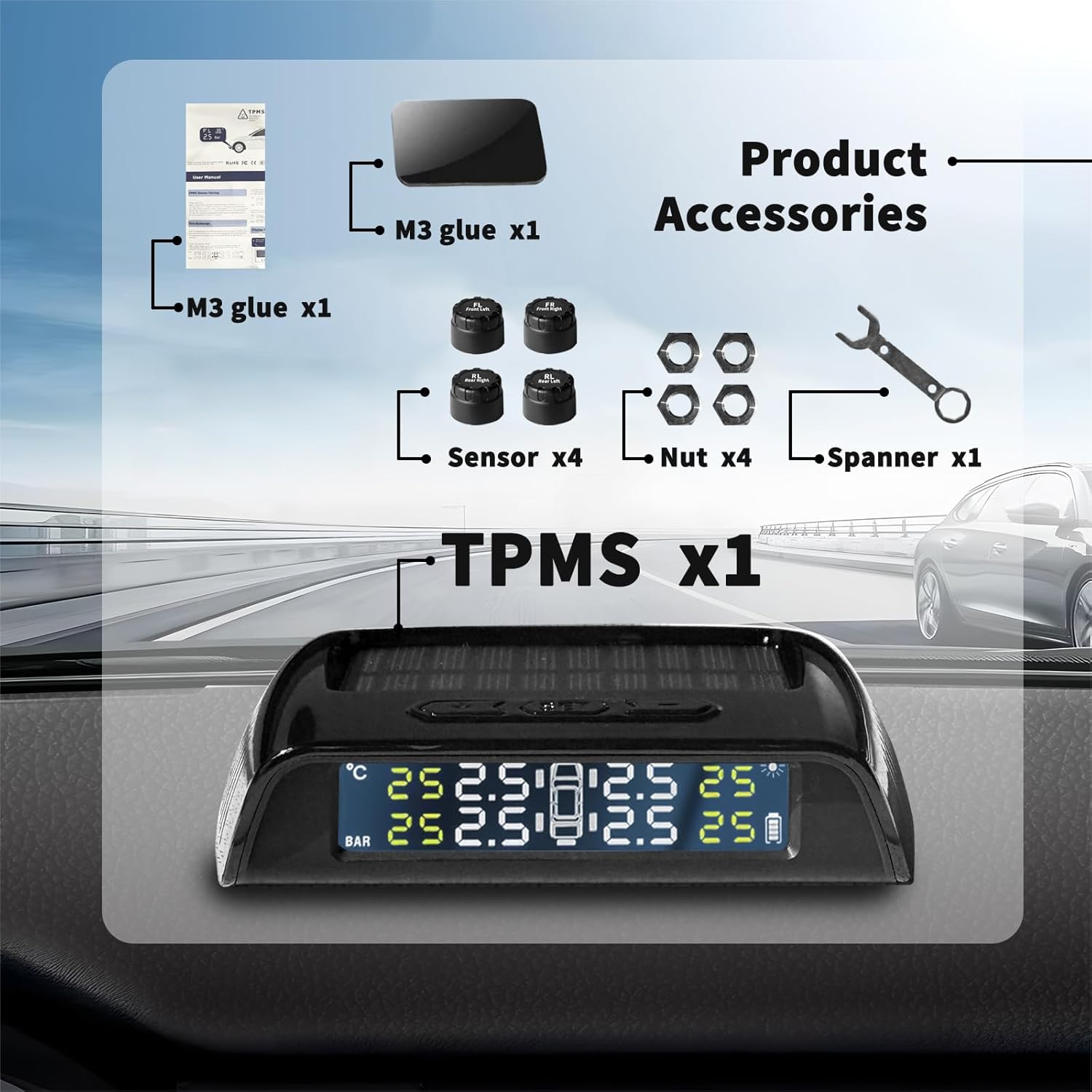 Cozy Blue Solar Powered TPMS Tire Pressure Monitoring System - TPMS for Car and SUV, Include 4 Sensors, Real-Time Pressure and Temperature Monitoring