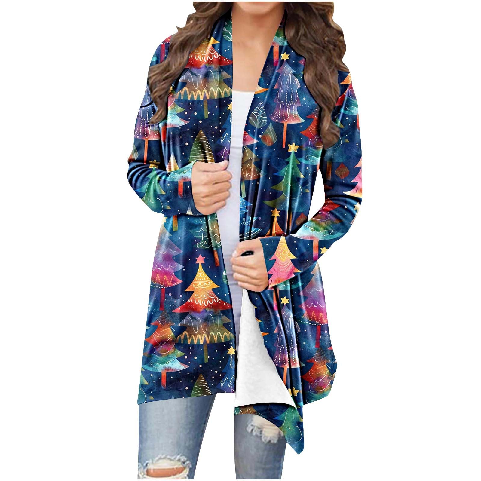Christmas Graphic Cardigans for Women Cute Xmas Tree Graphic Open Front Cardigans Long Sleeve Holiday Coat Tops