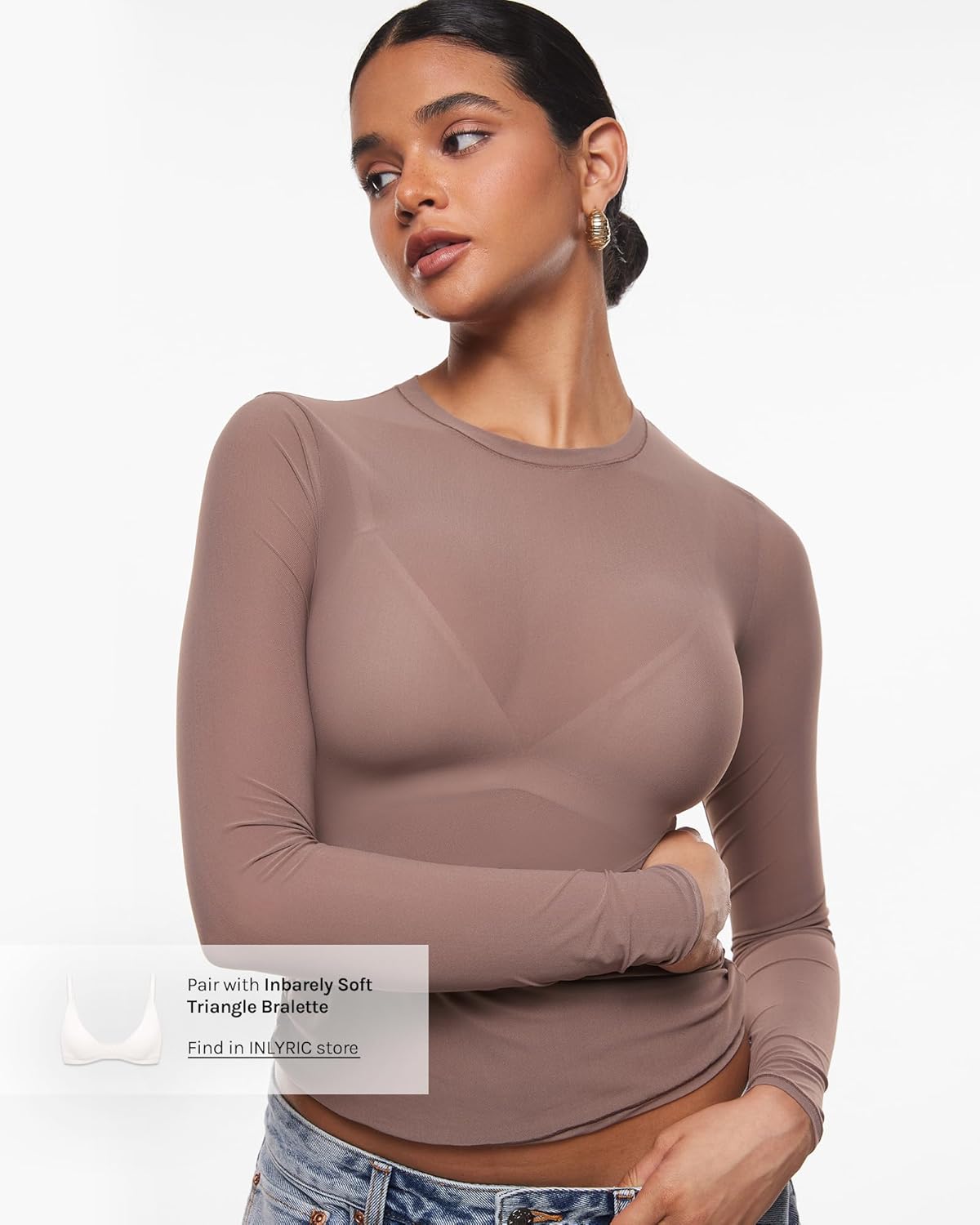 INLYRIC Women's Cosnufy Mesh Sheer Long Sleeve Tops See Through Crew Neck Going Out Tops Trendy Sexy Shirts - Image 3