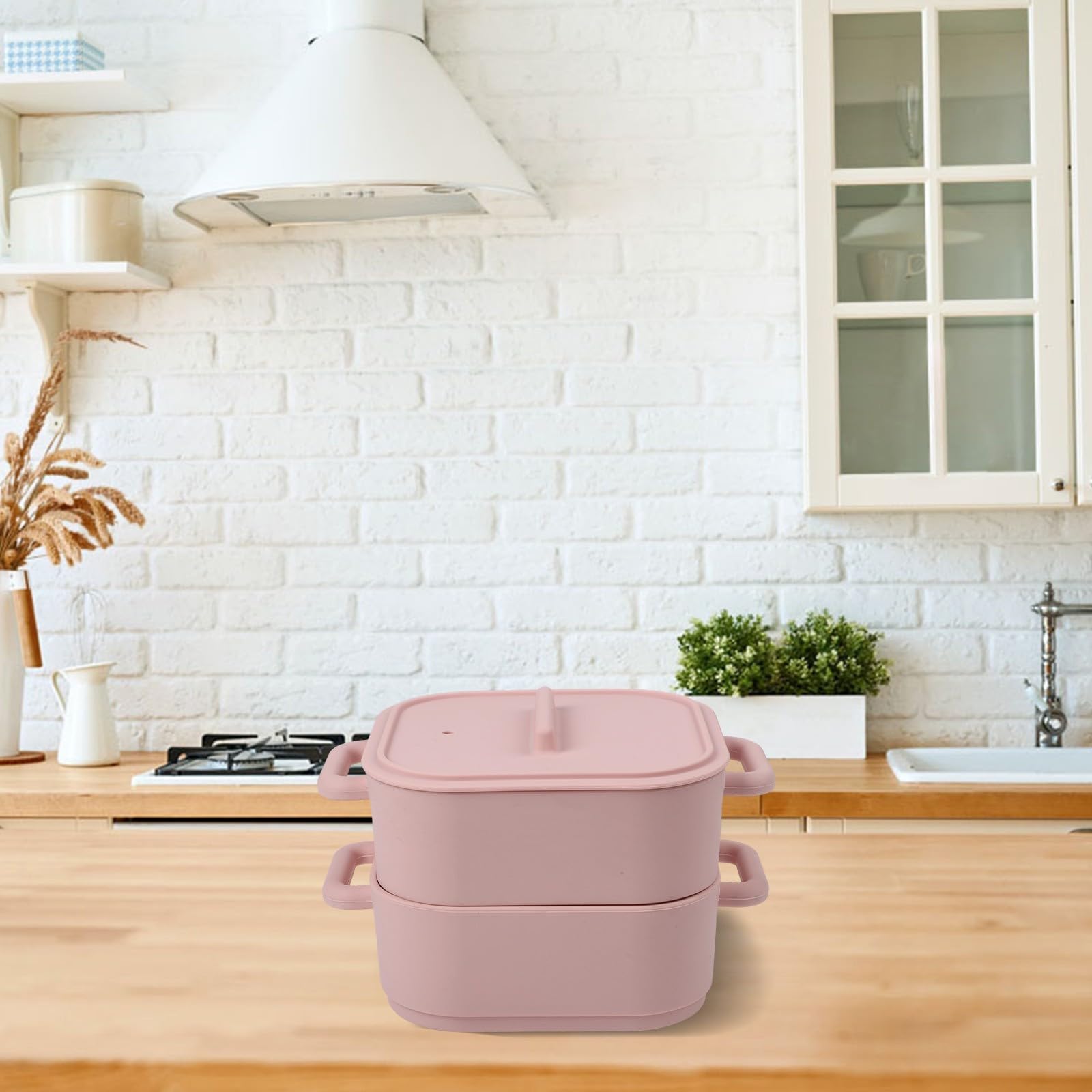 Set di 2 pentole a vapore in silicone per microonde con manico, vaporiera per verdure e contenitore resistente al calore, cottura rapida per pesce e carne, 22 x 17 x 14 cm, grigio (Light Red)
