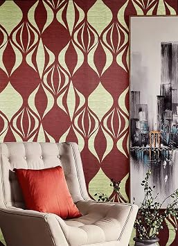 J1359-10M Modern Geometric Abstract Waves Peel and Stick Wallpaper 17.7"x 32.8ft Red/Gold Removable Contact Paper Self-Adhesive Shelf Liner Furniture Vinyl Film for Home Decor