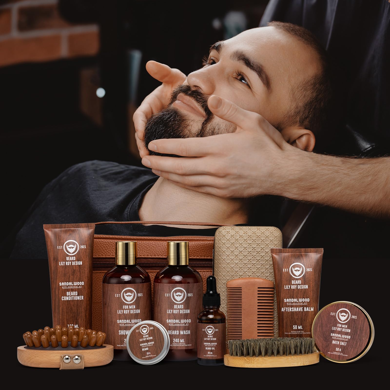Juego de regalo de spa para el día del padre para hombres, juego de regalo de lujo de 30 piezas de sándalo para baño y barba para hombres, kit de baño y cuidado corporal para él con cera para barba | 3