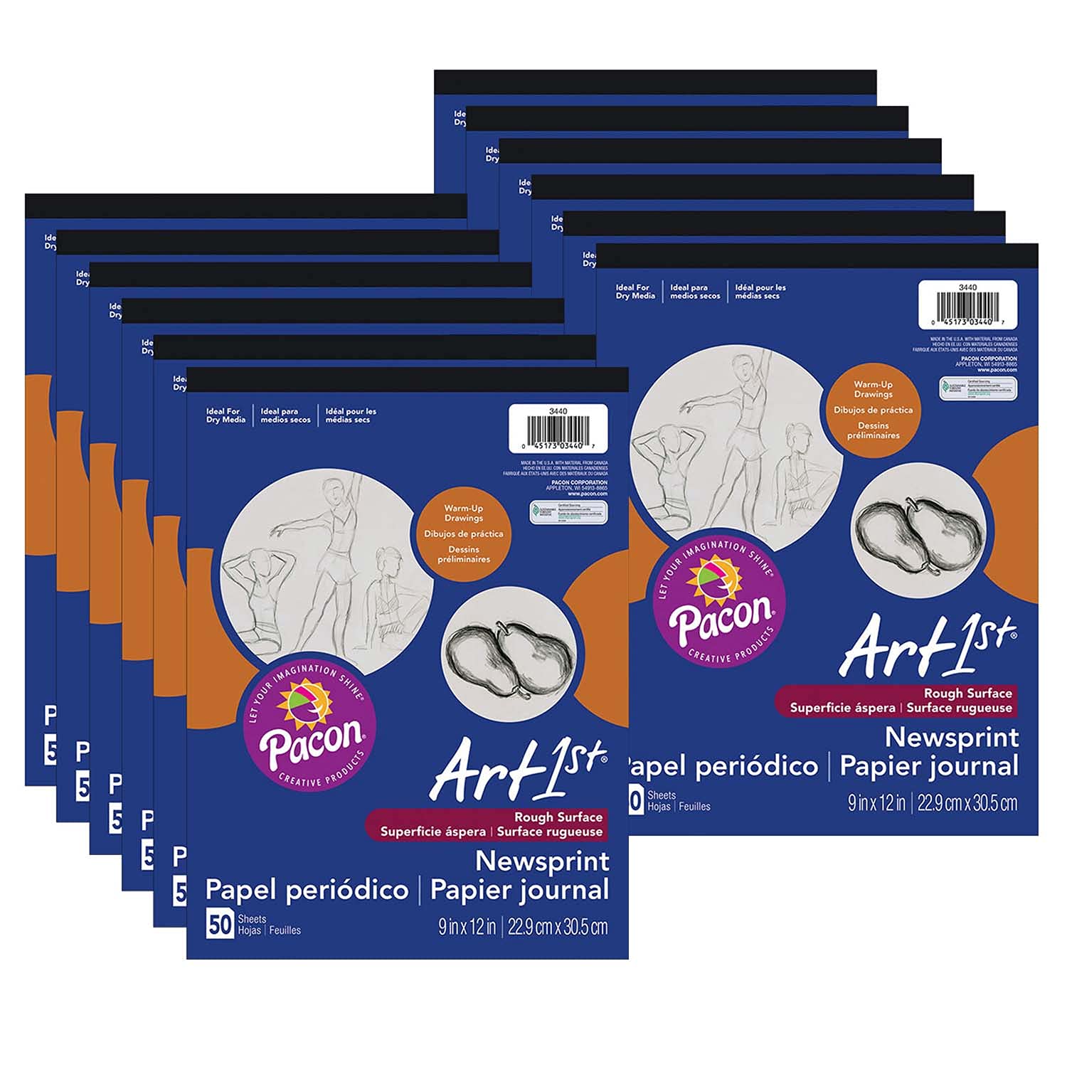 UCreate(r) Newsprint Pad, White, 9" x 12", 50 Sheets, Pack of 12
