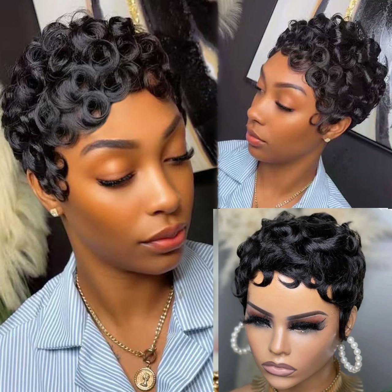 Short Wigs Pixie Cut Wigs with Bangs Short Black Layered Wavy Wigs for Women Pixie Wig Brazilian Virgin Short Layered Glueless Bob Wig Human Hair 1B color