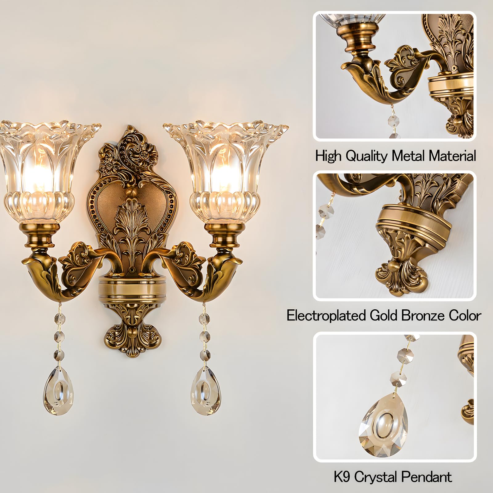 Lampe Murale Vintage Florale 2 Tête Verre Cristal Bronze Doré Applique Rétro Métal E14