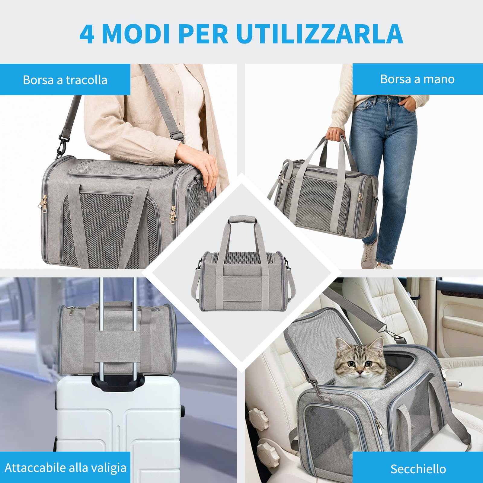 Trasportino per Cani e Gatti, Trasportino per Gatti, Tappetino Rimovibile, Tracolla Regolabile, Borsa Pieghevole Portatile, fino a 8 kg, per Gatti e Cuccioli (Grigio, L 43 x P 28 x H 28 cm)