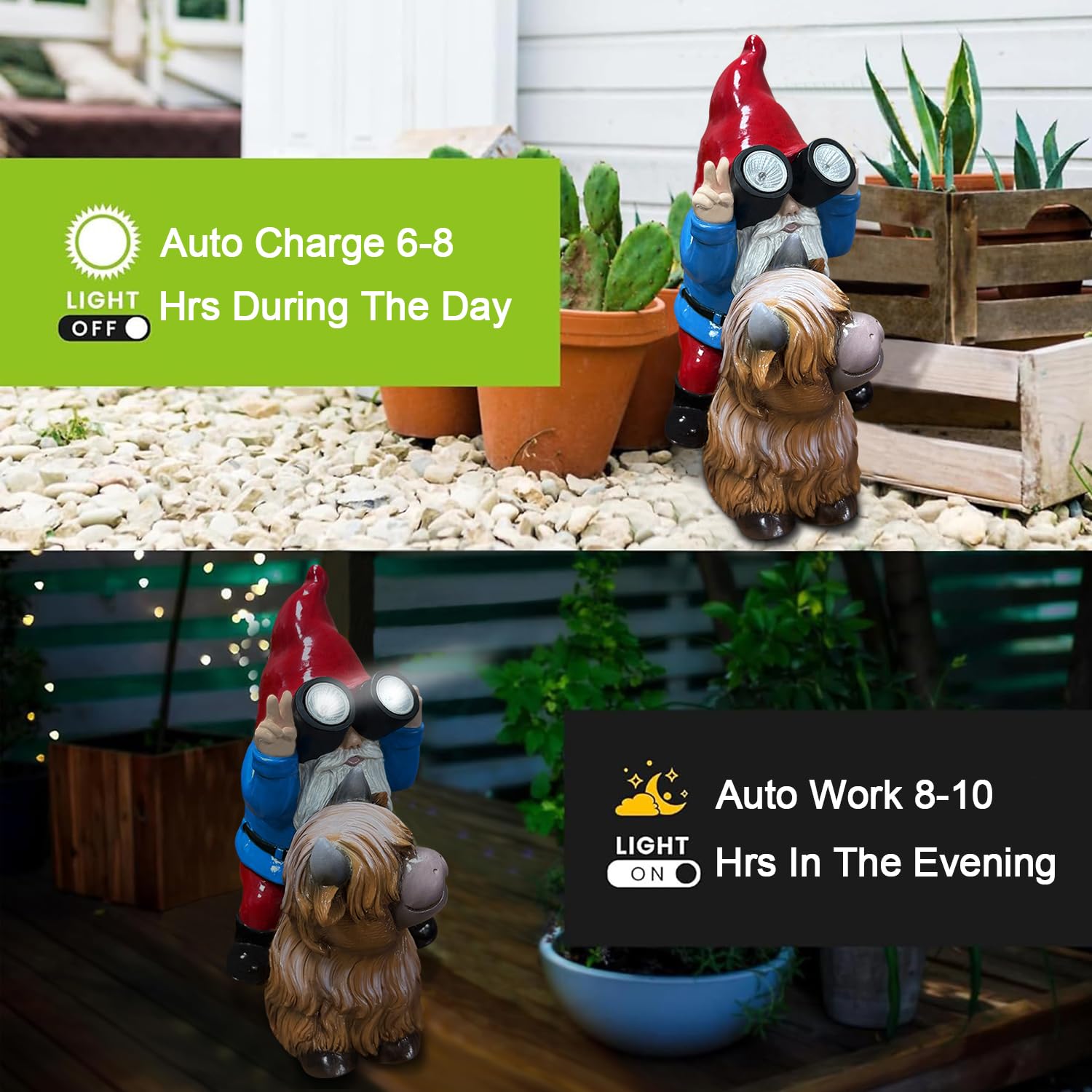 Vovkokc Solar Cow Gnomes Statue Garden Ornaments Outdoor Decorations Gnome Sitting on Highland Cow Solar Lights Binoculars Gnome Gifts for Yard Decor - Image 4