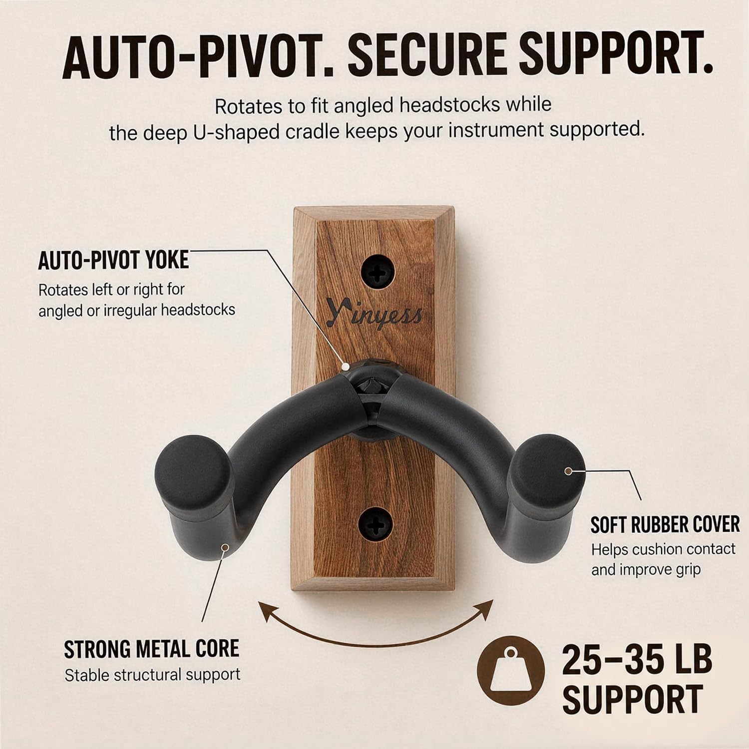Guitar Wall Mount with Pick Holder and 6 Celluloid Picks, U-Shaped Walnut Wood Guitar Hanger, Guitar Holder Hook Stand Wall for Acoustic, Electric Guitar, Banjo, Bass, Guitar Accessory Gift image 4