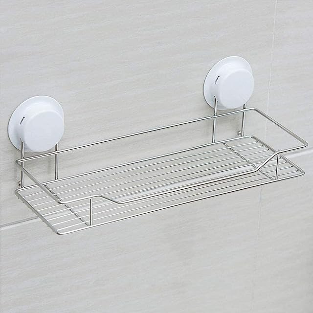 No Drilling Rectangle Bathroom Shelf Stainless Steel Storage Basket Strong Suction Cup Holder Wall Mounted Shower Caddy 1