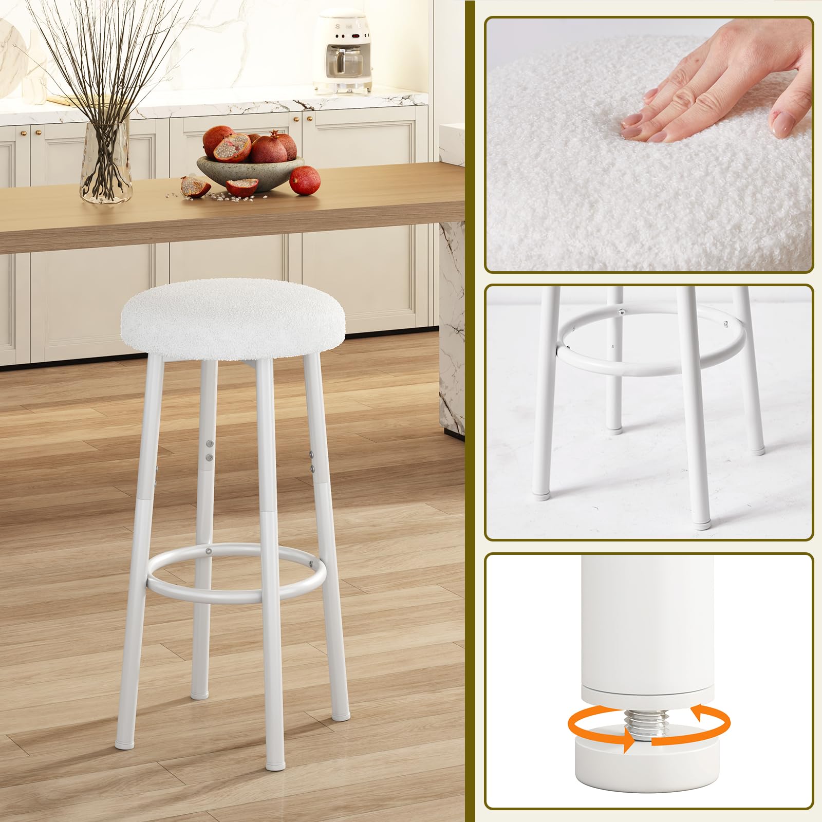 YMYNY 67 cm Tabourets Bar Lot de 2 Métal Tissu, Blanc HBS515W