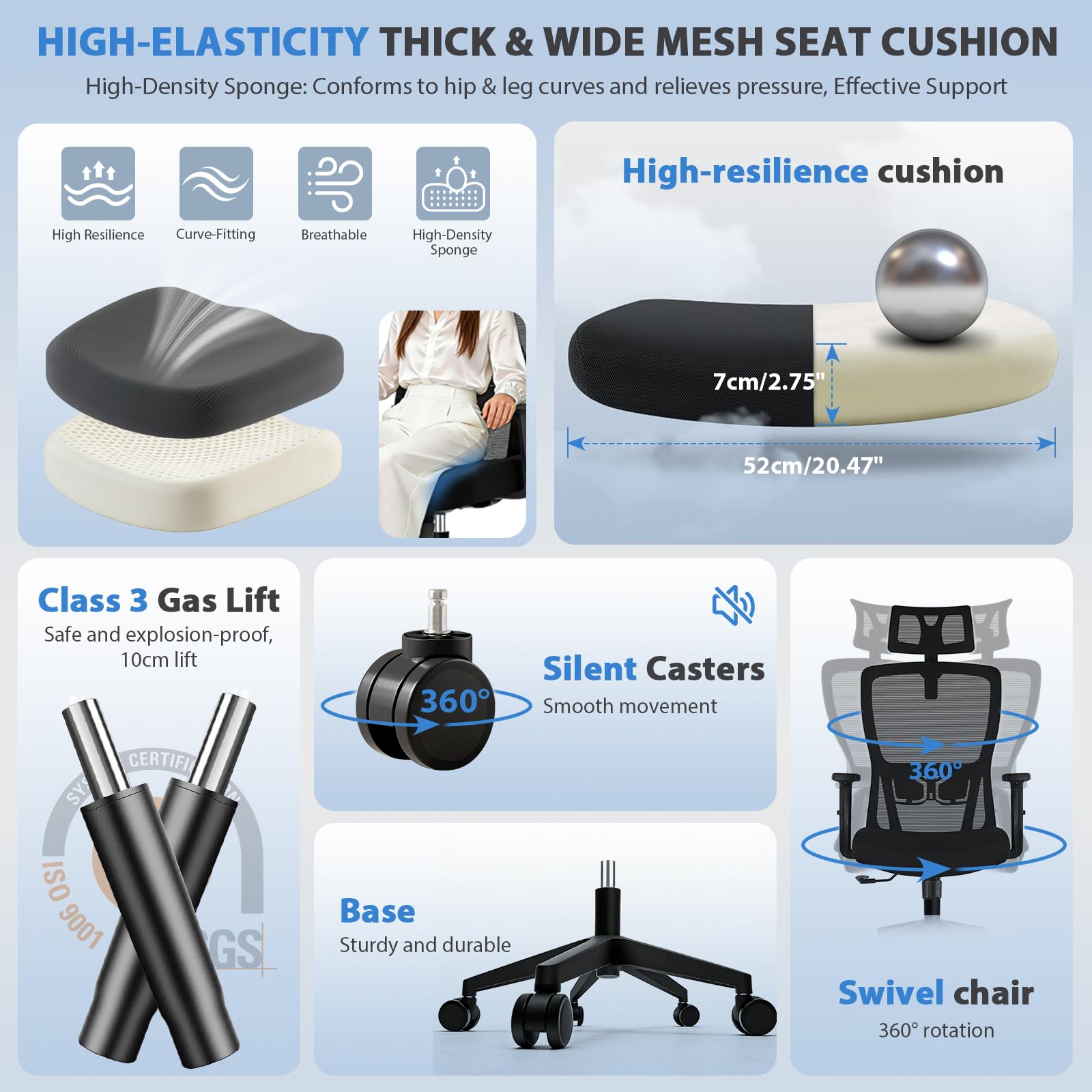 Durrafy Sedia Ufficio Ergonomica, Sedia da Ufficio con Poggiatesta Regolabile, Bracciolo, Supporto Lombare, Regolazione in Altezza, Scrivania e Sedie Girevoli supporto Oscillazione a 90°-120°, Nero