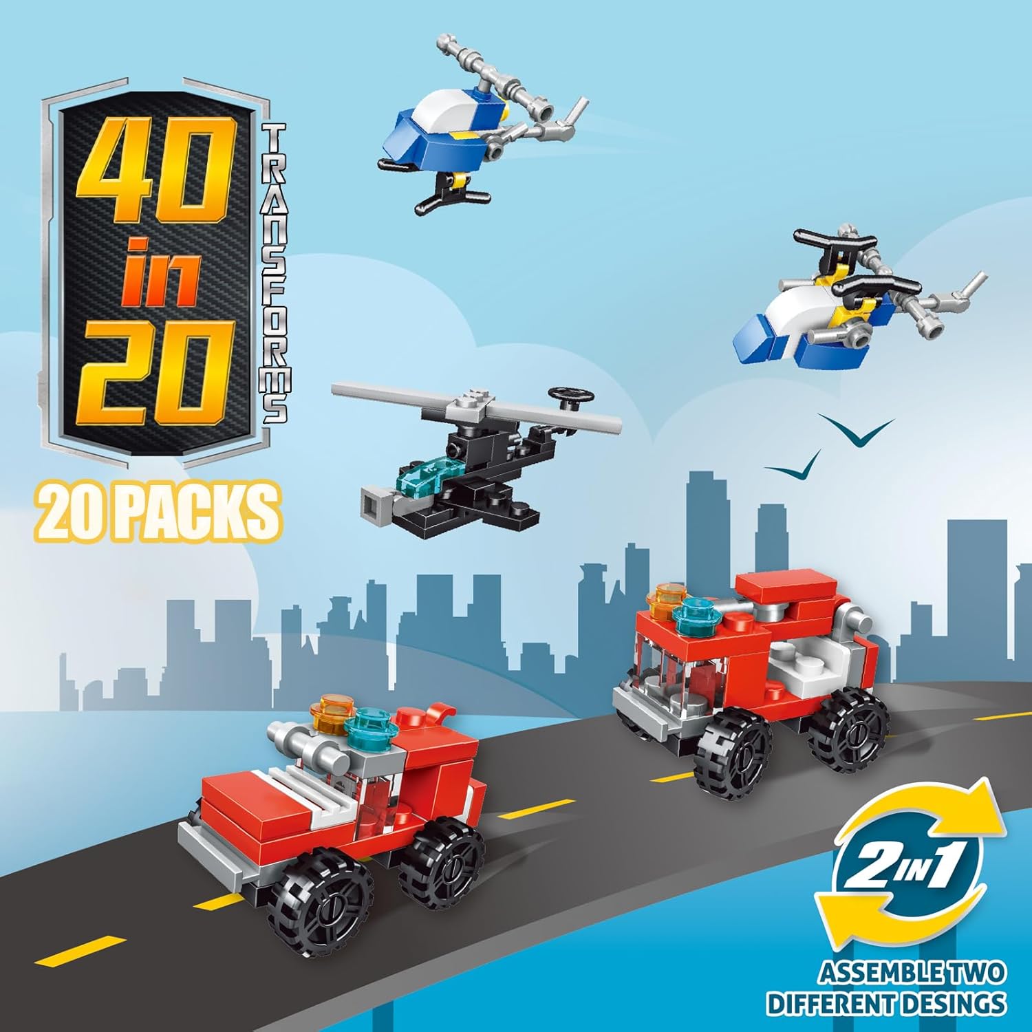 20 Pack 2-in-1 Building Block Toys Party Favors for Kids 8-12 – Fire Truck, Police Car, Airplane & More for Easter Basket Stuffers, Classroom Prizes, Goodie Bag Stuffers, Treasure Box​