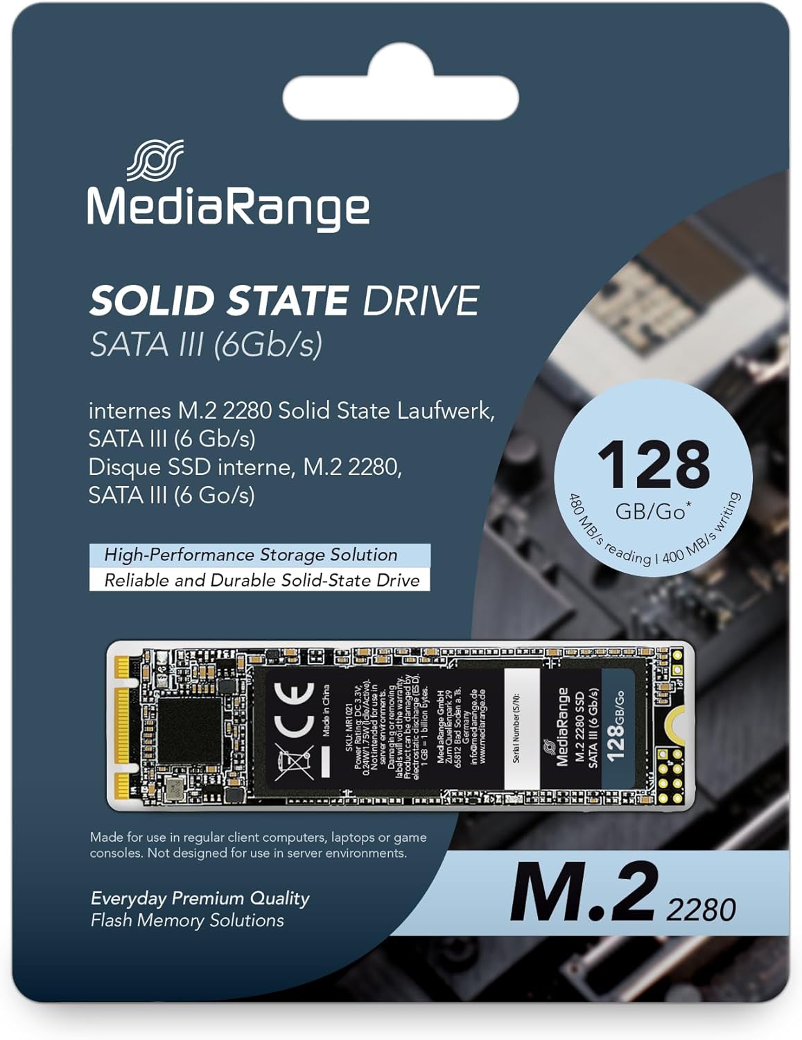 MediaRange Internal M.2 2280 Solid State Drive, SATA 6 Gb/s, 128 GB, Black