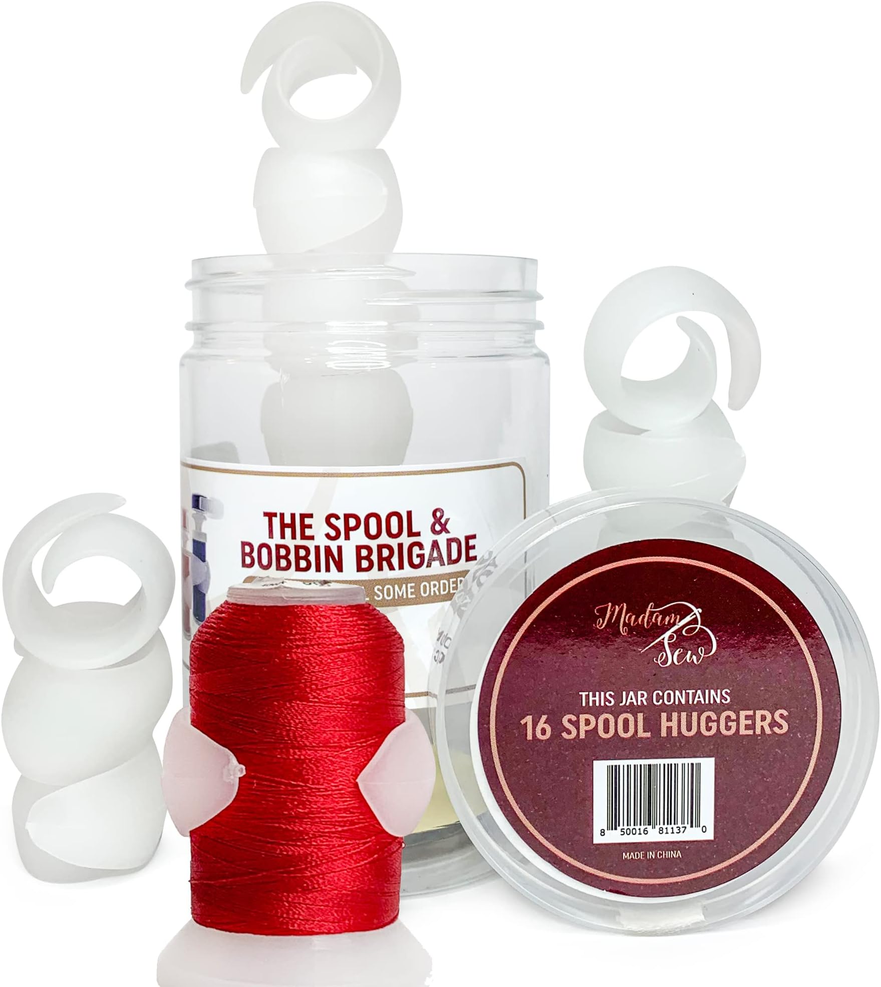 Madam Sew Semi Clear Thread Spool Huggers - 16 Silicone Wrap Peels for Home Sewing, Quilting and Embroidery Storage - Stop Tails from Unwinding, Keep Tension on Spools