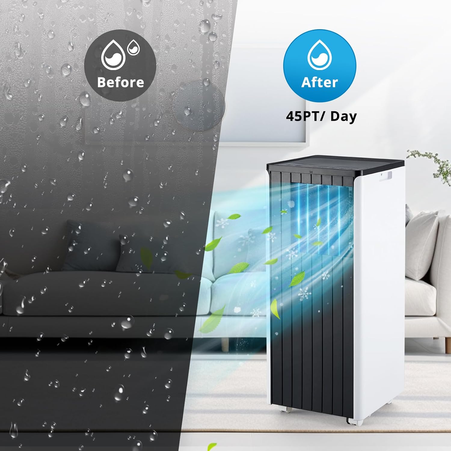 Before and after comparison showing a humid room being dehumidified by the Amenitlif Portable Air Conditioner, removing 45 pints of moisture per day.