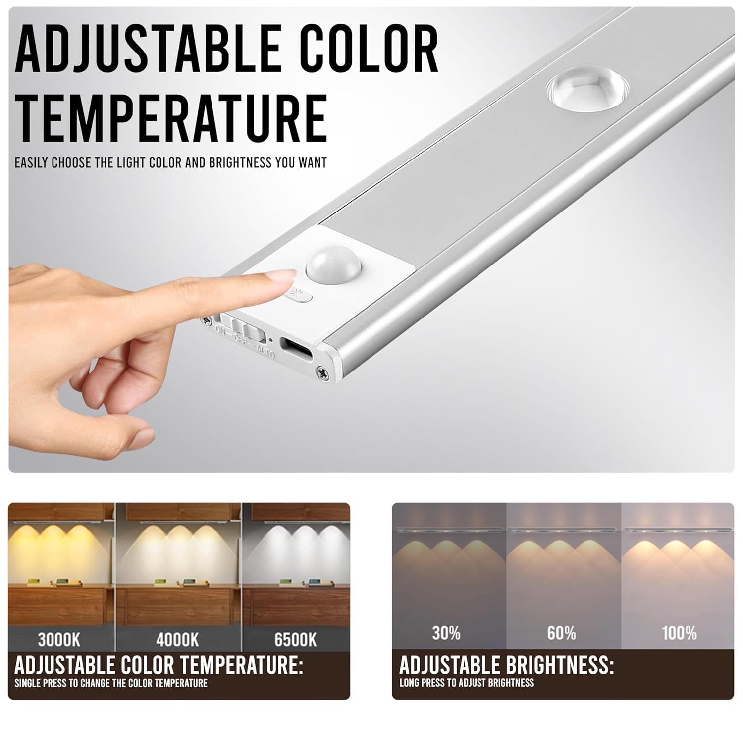 GITGRNTH ( Pack of 3 40cm Motion Sensor Cabinet Light, 1200 mAh Battery| 3 Color Modes (Warm/Neutral/Cool White) | USB Rechargeable Under Cabinet Lighting Perfect for Kitchen, Wardrobe 2