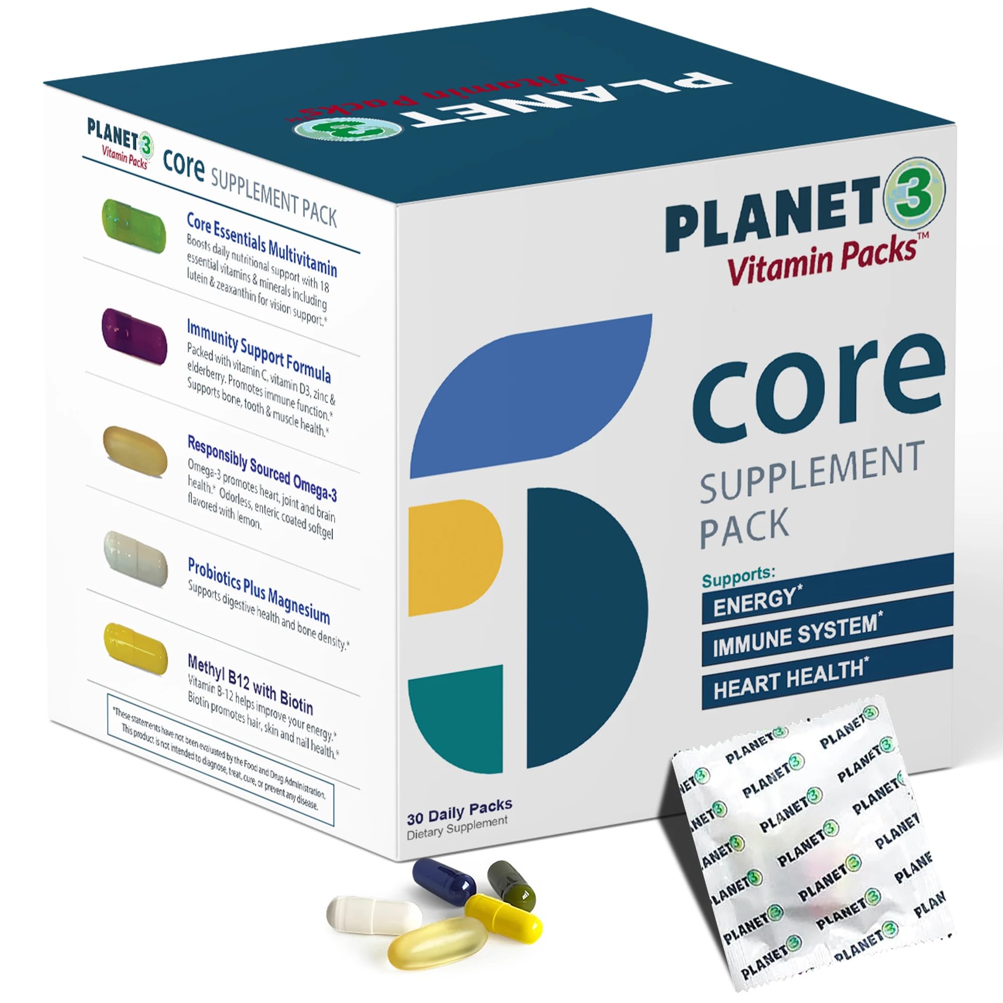 Daily Vitamin Packs for Men & Women – Immune, Energy & Heart Support with Vitamin D3, Omega-3, Probiotics, Methyl B12 & Vitamin C – Multivitamin with Lutein – Planet 3 Vitamin Packs, 30 Packets