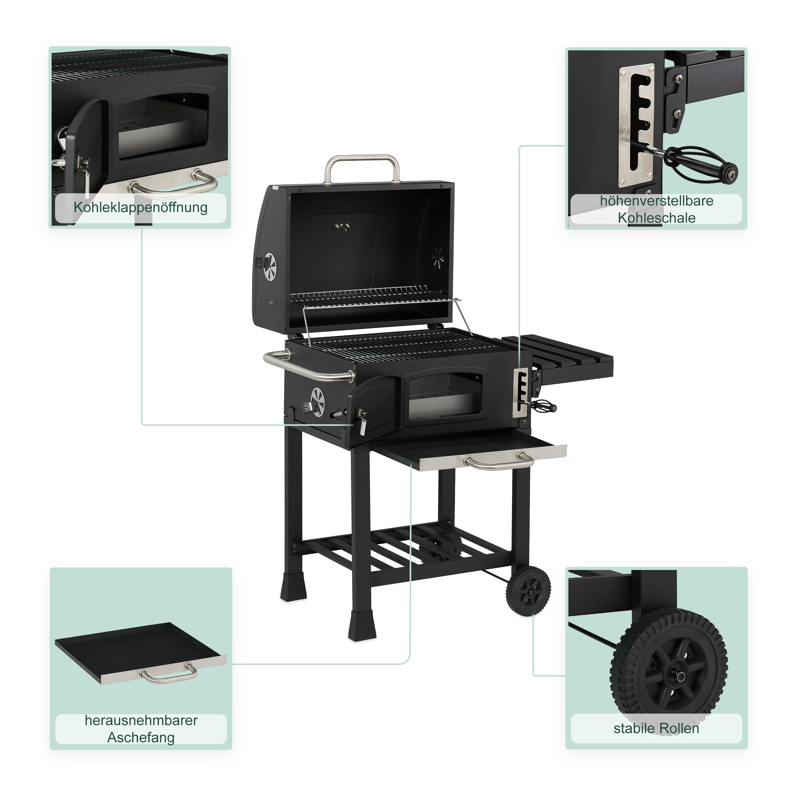 Relaxdays Holzkohlegrill Grillwagen, mit Deckel, BBQ-Grill mit Rädern, höhenverstellbar, Gartengrill XXL, schwarz/Silber
