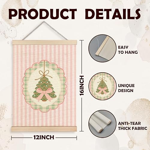 Miniatura 6 de KEUSPI Póster de arte de pared de árbol de Navidad con lazo rosa coquette, decoración de Navidad preparada, lienzo retro a rayas rosas y verdes,