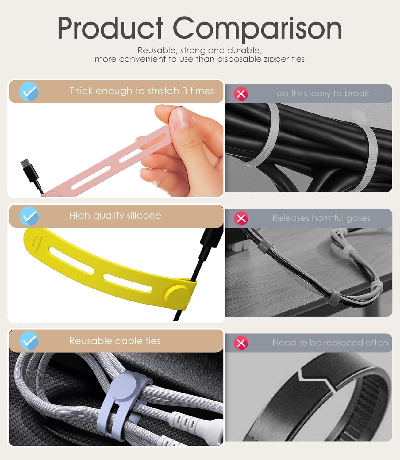 14PCS Silicone Cable Ties Reusable Cable Management Organizers Multipurpose Elastic Cord Organizer for Bundling and Fastening Cables