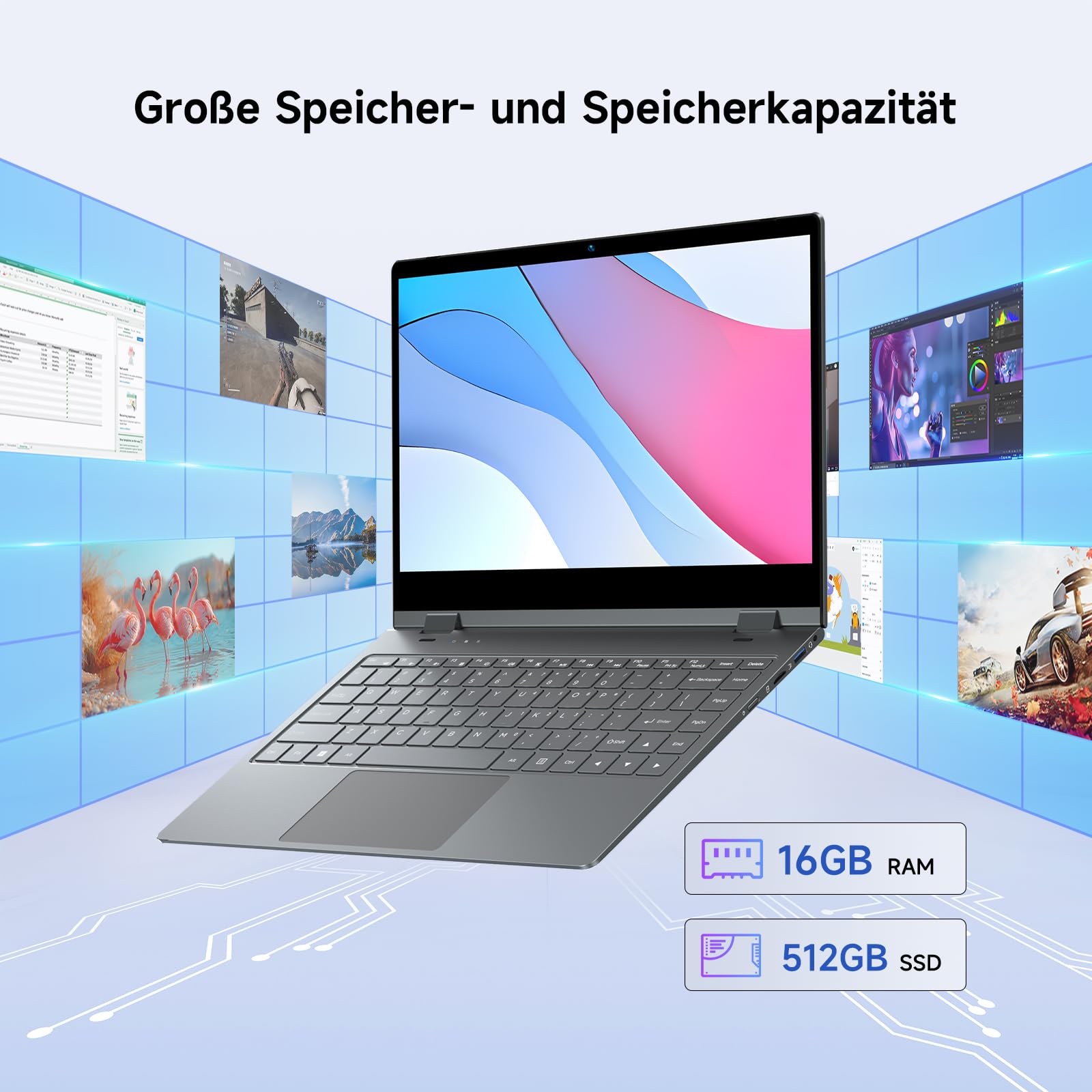 BMAX 2-in-1 Laptop Touchscreen Notebook Intel N150 up to 3.6GHz 16GB RAM 512GB SSD 14" Full HD Convertible Computer Beleuchtete Tastatur USB-C/3.2, Bluetooth, WiFi Deutsche Tastaturschutzfolie