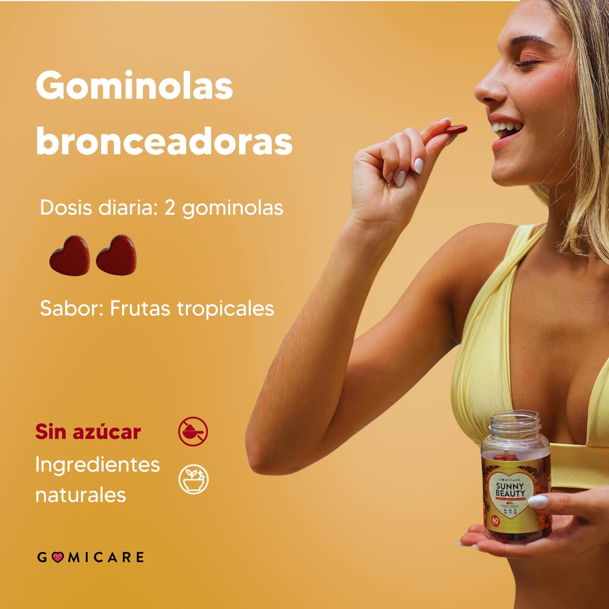 Gominolas bronceadores - Betacaroteno + Astaxantina + Luteina + Licopeno + Cobre - Protege la Piel y Acelera el Bronceado - 60 gominolas - Sin Azúcar - Sin Gluten