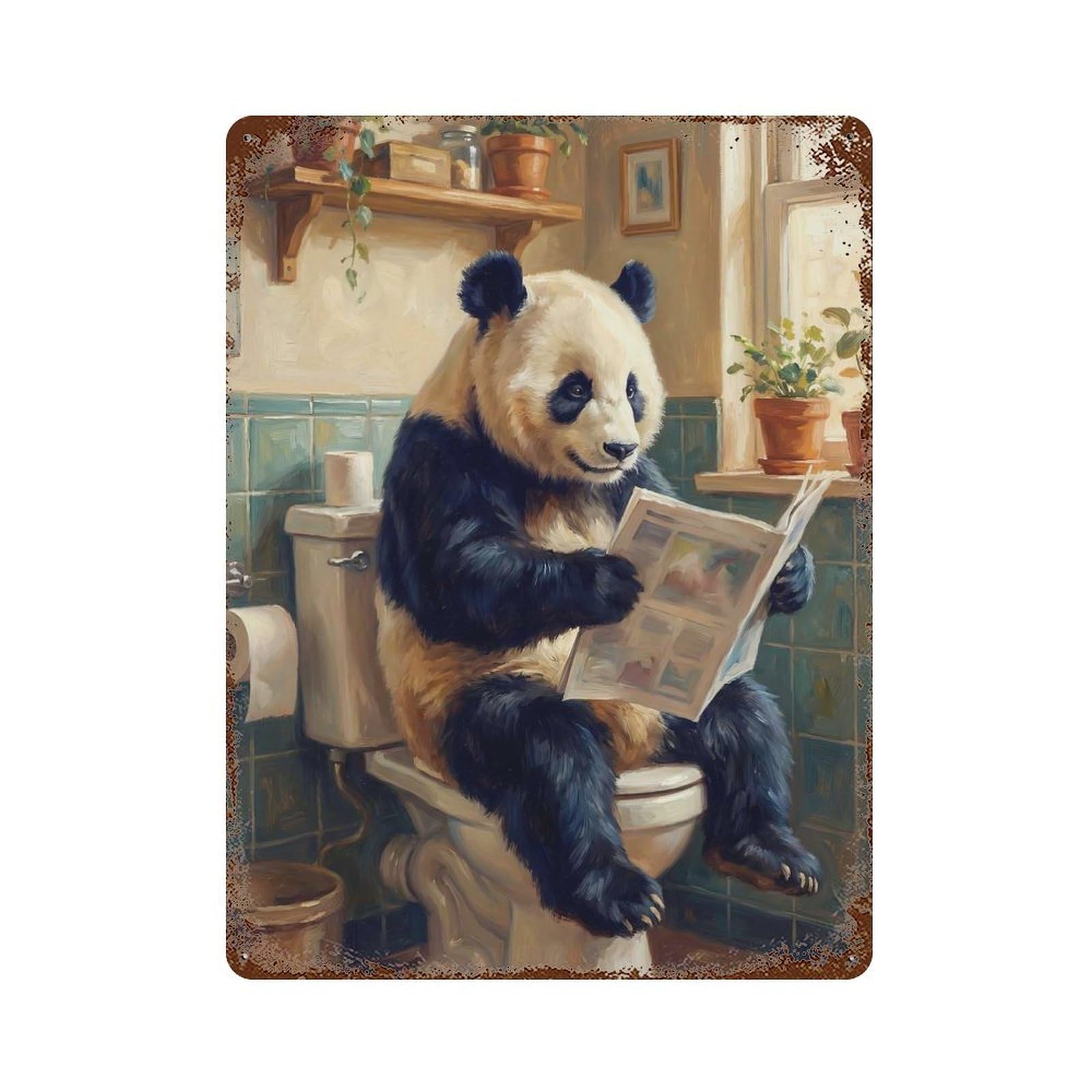 Panda Reading Newspaper on Toilet Aged Metal Wall Plaque 15.7"x11.8", Classic Wall Plaque for Garage, Pub Or Kitchen