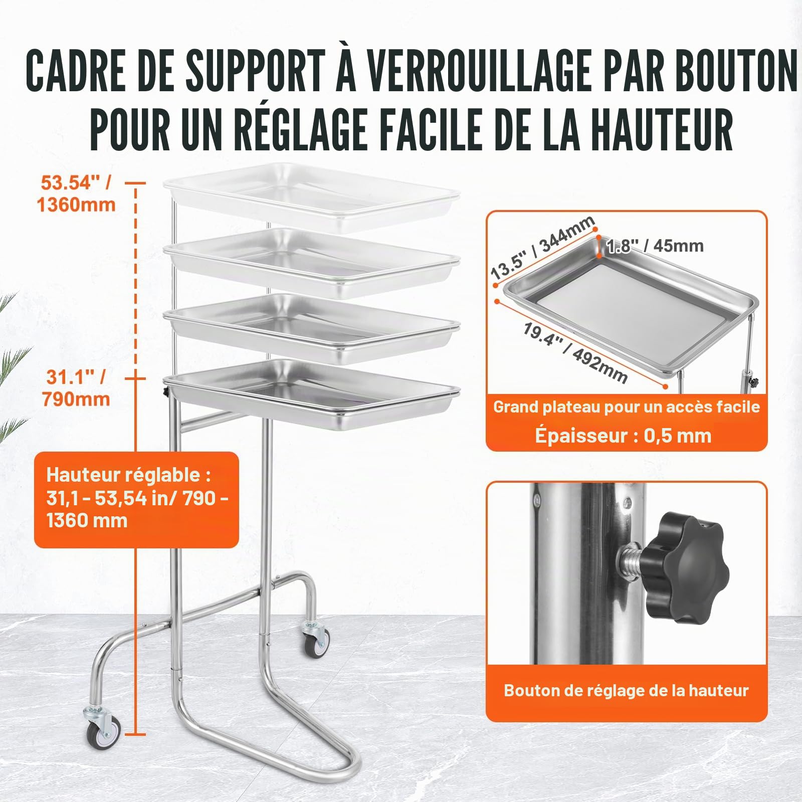 VEVOR Chariot de Laboratoire en Acier Inoxydable, Chariot Médical Mobile avec Plateau Unique, Chariot Utilitaire Hauteur Réglable, avec 2 Roues Silencieuses, pour Laboratoire, Clinique, Hôpital, Salon