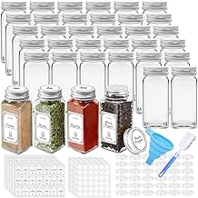 FREYBLI 36 Pcs Glass Spice Jars with Airtight Lids and 828 Labels - 4oz Empty Spice Bottles Square Containers Set - Shaker Lids, Funnel, Brush, Marker Included, 4 oz Jars Ideal for Spices Organizer