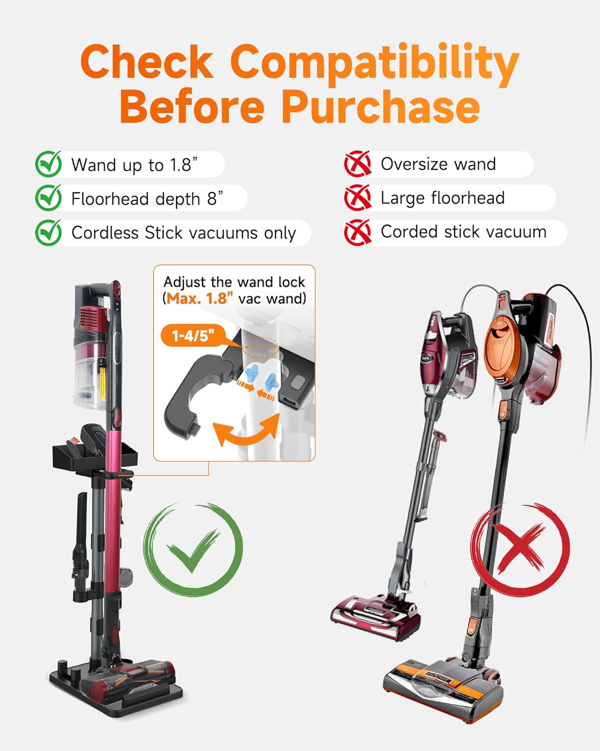 Cordless Vacuum Stand for Stick Vacuum Cleaners, Adjustable Height with 7 Tool Holder and Storage Box, Max 1-4/5 Inch Universal Vac Wand, Black