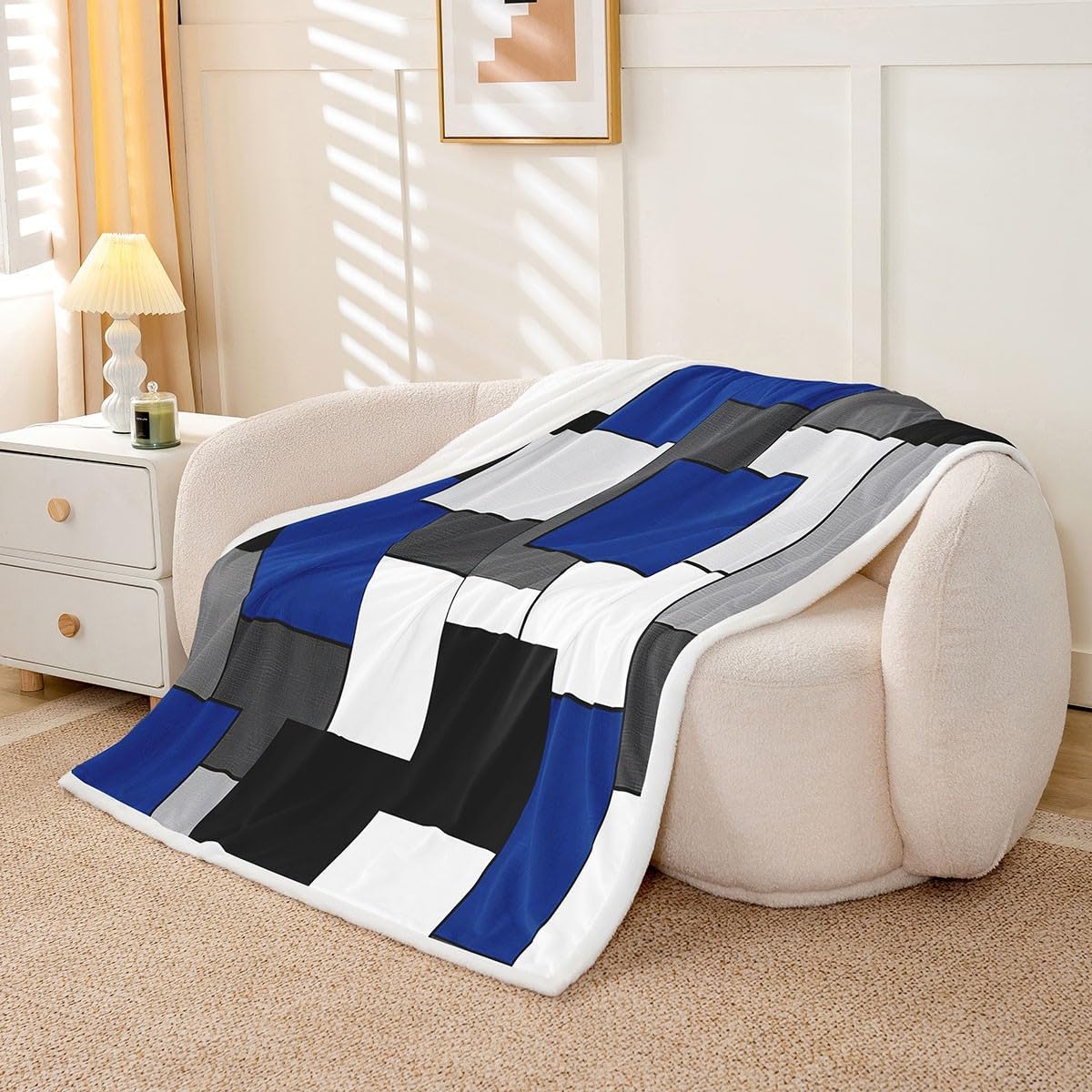 Royal Blue Geometric Throw Blanket Black White Grey Square Bed Blanket for Kids Girls Room Decor, Modern Abstract Blanket for Couch Sofa, Soft and Breathable Fleece Blanket(50 x 60 Inches)